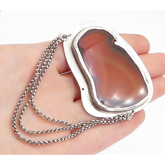 925 Sterling Silver Vintage Agate MultiStrand Chained Brooch Pin BP1538